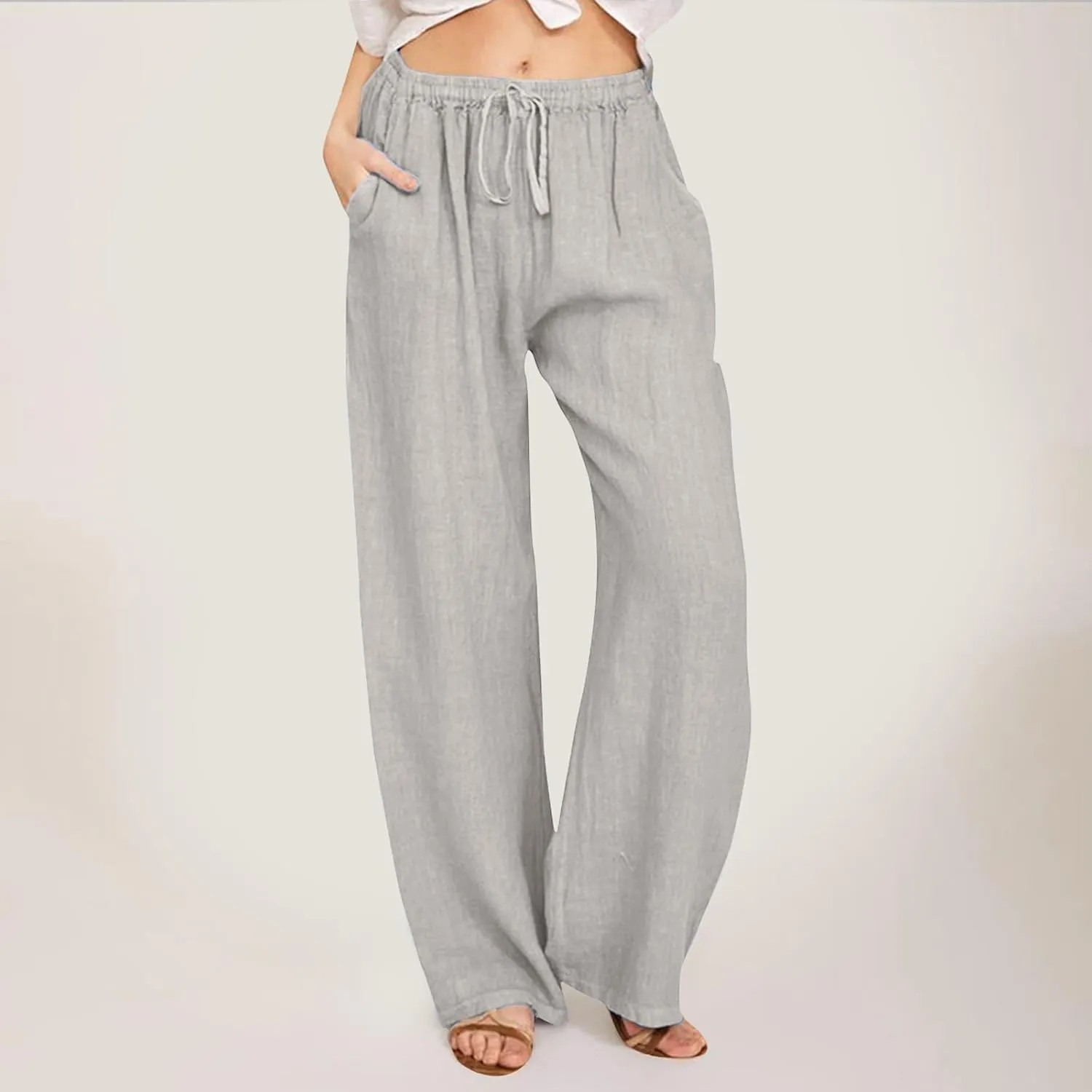 Women Casual Cotton Linen Pants Lightweight Summer Loose Fit Elastic Waist Plus Size Solid Lounge Long Trousers Beach Clothes