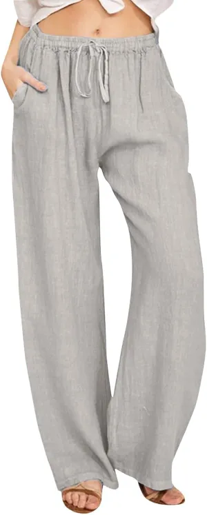 Women Casual Cotton Linen Pants Lightweight Summer Loose Fit Elastic Waist Plus Size Solid Lounge Long Trousers Beach Clothes