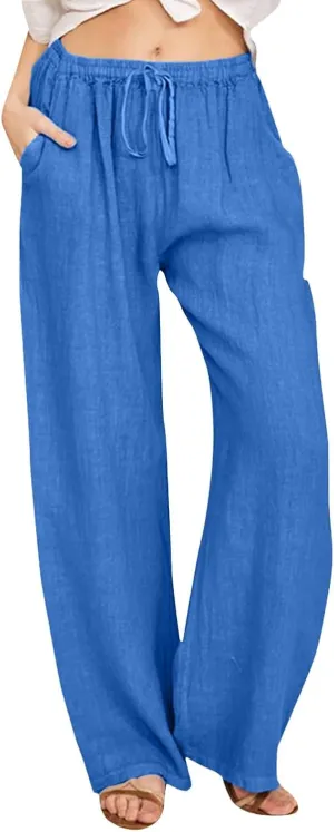 Women Casual Cotton Linen Pants Lightweight Summer Loose Fit Elastic Waist Plus Size Solid Lounge Long Trousers Beach Clothes
