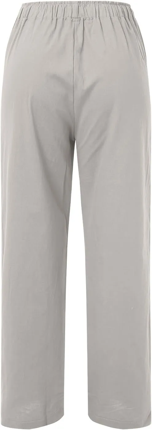 Women Casual Cotton Linen Pants Lightweight Summer Loose Fit Elastic Waist Plus Size Solid Lounge Long Trousers Beach Clothes