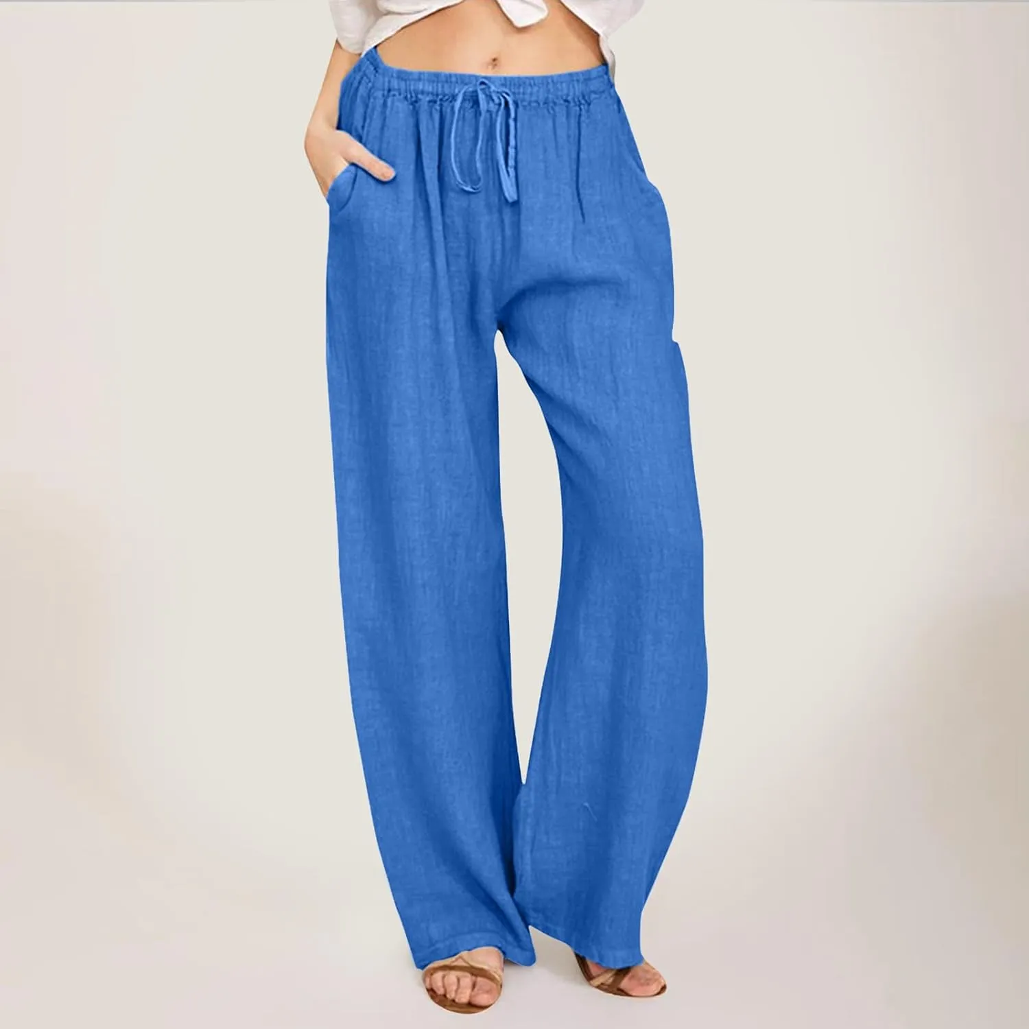 Women Casual Cotton Linen Pants Lightweight Summer Loose Fit Elastic Waist Plus Size Solid Lounge Long Trousers Beach Clothes