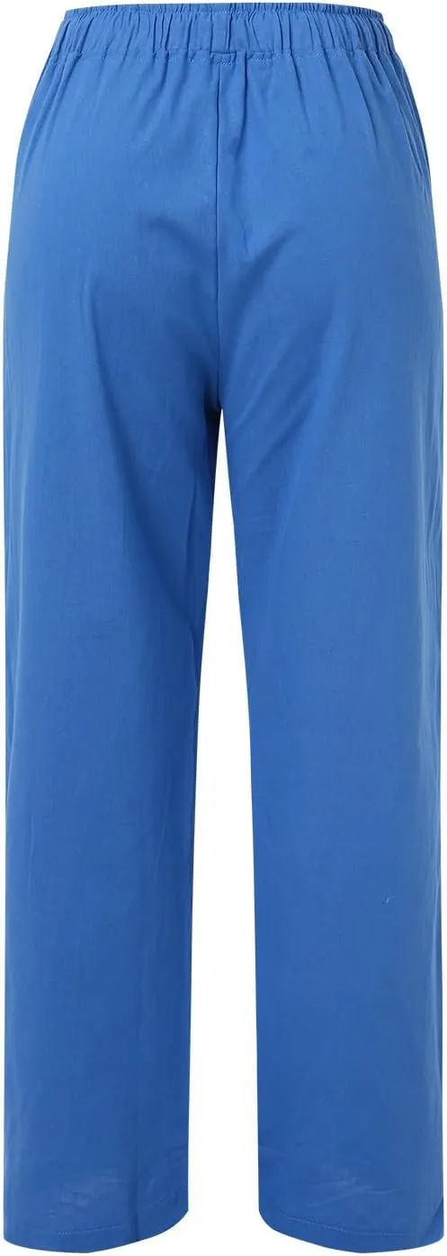 Women Casual Cotton Linen Pants Lightweight Summer Loose Fit Elastic Waist Plus Size Solid Lounge Long Trousers Beach Clothes