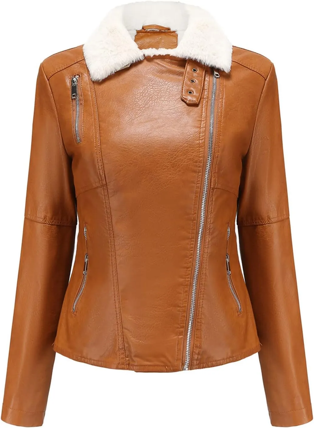 Women Faux-Leather Jackets Cropped Motorcycle Fleece Sherpa Jacket Lightweight Zipper Vegan Pleather Moto Biker Coat