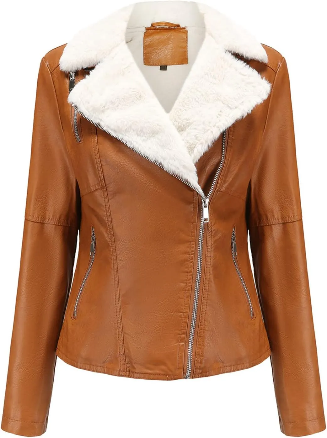 Women Faux-Leather Jackets Cropped Motorcycle Fleece Sherpa Jacket Lightweight Zipper Vegan Pleather Moto Biker Coat