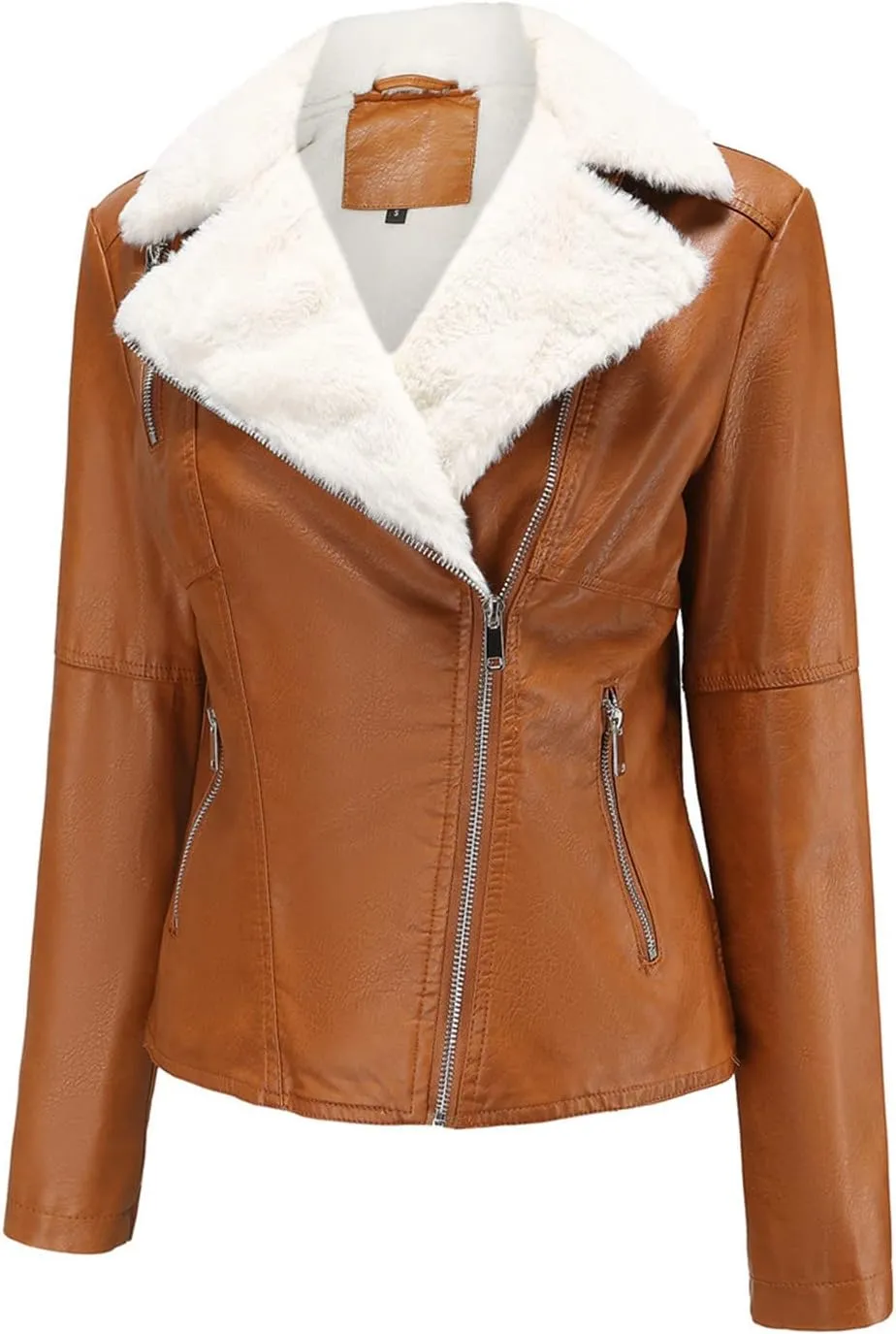 Women Faux-Leather Jackets Cropped Motorcycle Fleece Sherpa Jacket Lightweight Zipper Vegan Pleather Moto Biker Coat