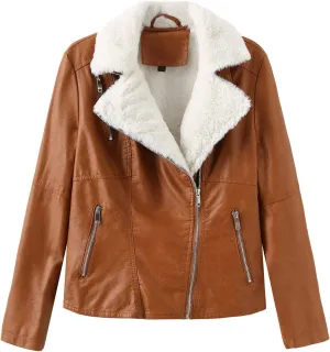 Women Faux-Leather Jackets Cropped Motorcycle Fleece Sherpa Jacket Lightweight Zipper Vegan Pleather Moto Biker Coat