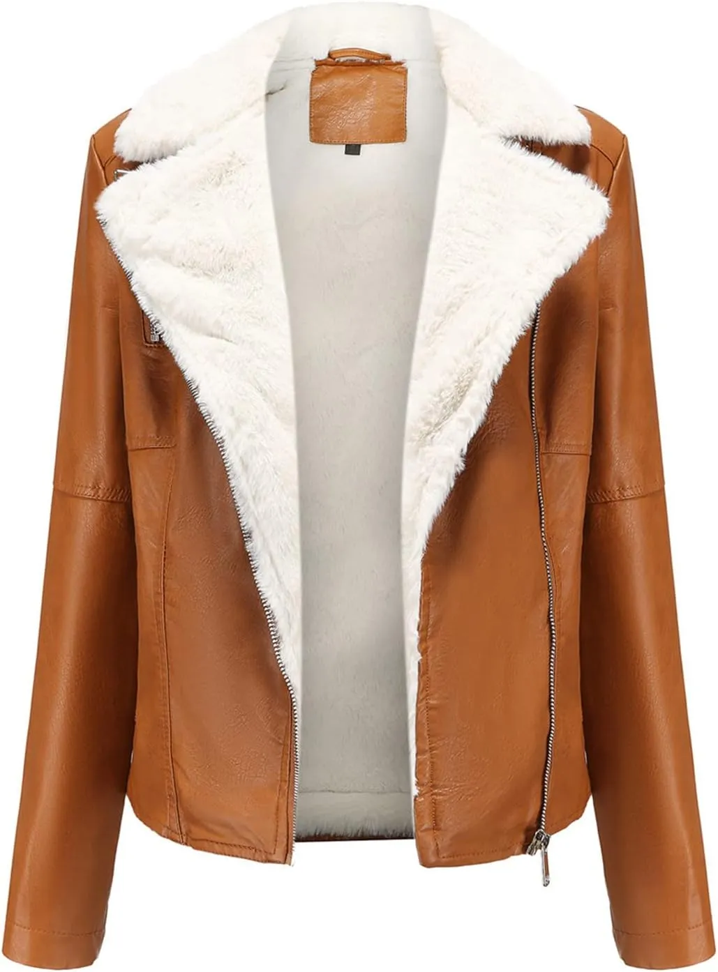 Women Faux-Leather Jackets Cropped Motorcycle Fleece Sherpa Jacket Lightweight Zipper Vegan Pleather Moto Biker Coat