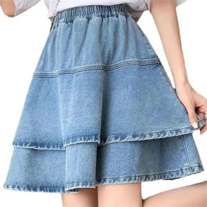 Women Fluffy Skirts Fashion Versatile High Waisted Multi-Layered Ruffled Denim Skirt