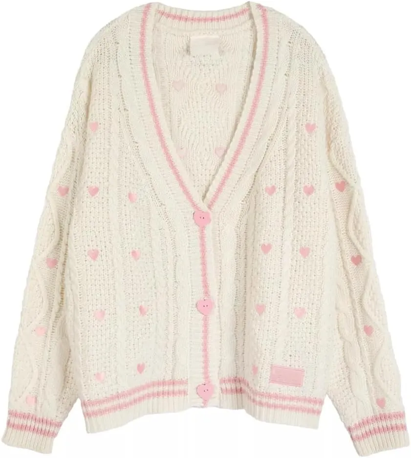 Women Knit Lover Cardigan V Neck Knitted Sweatshirt Hearts Embroidery Cute Sweaters Pink Oversized Button Down Outwear Lvory