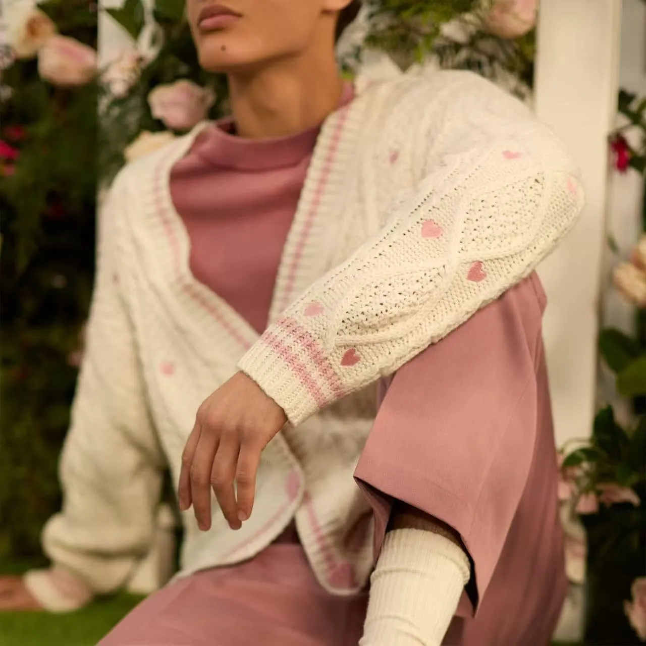 Women Knit Lover Cardigan V Neck Knitted Sweatshirt Hearts Embroidery Cute Sweaters Pink Oversized Button Down Outwear Lvory