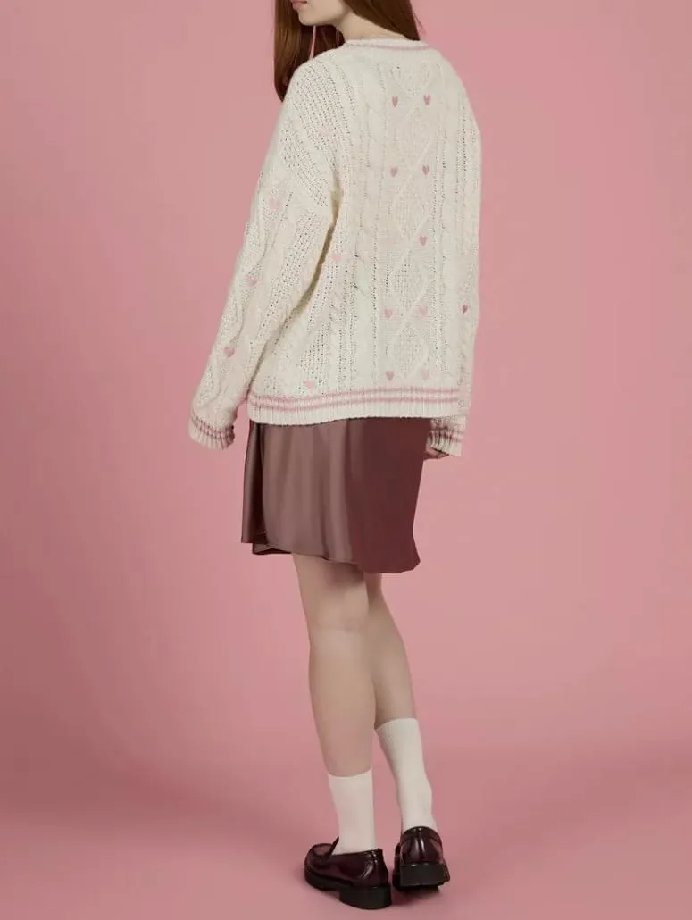 Women Knit Lover Cardigan V Neck Knitted Sweatshirt Hearts Embroidery Cute Sweaters Pink Oversized Button Down Outwear Lvory