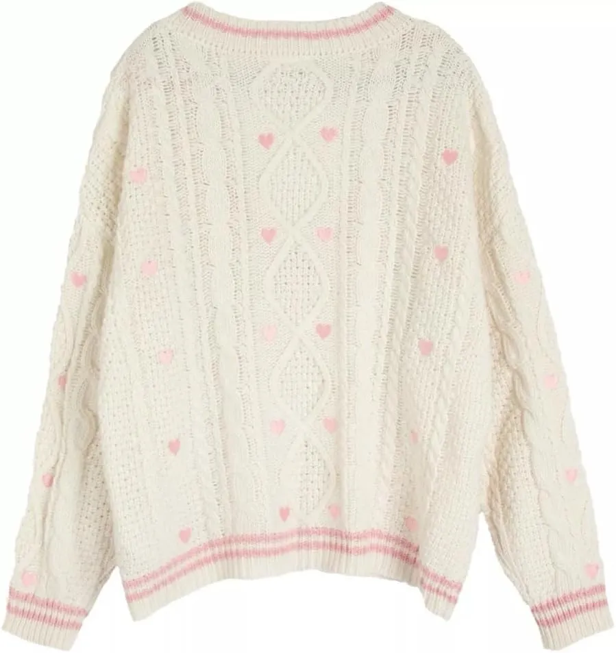 Women Knit Lover Cardigan V Neck Knitted Sweatshirt Hearts Embroidery Cute Sweaters Pink Oversized Button Down Outwear Lvory