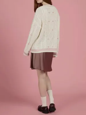 Women Knit Lover Cardigan V Neck Knitted Sweatshirt Hearts Embroidery Cute Sweaters Pink Oversized Button Down Outwear Lvory