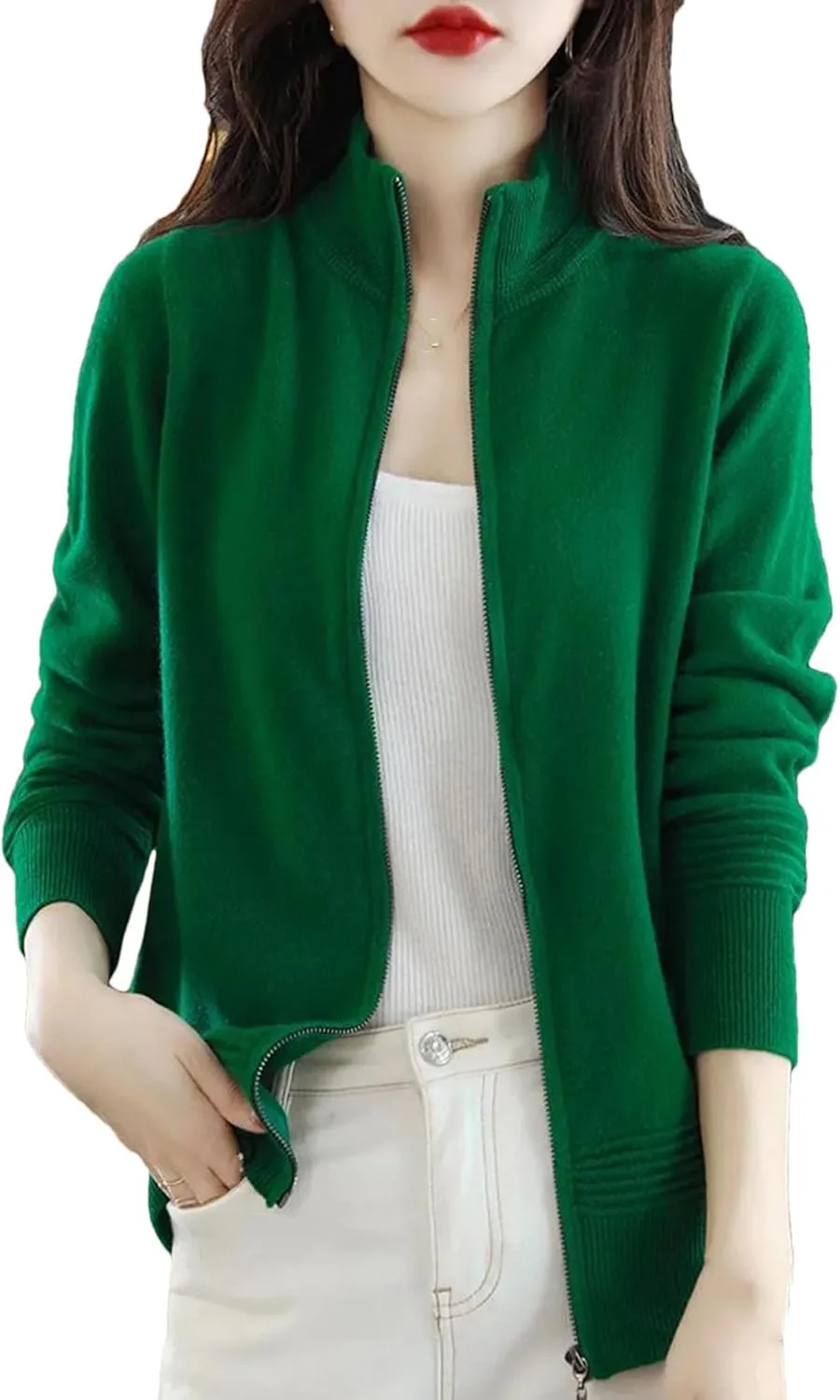 Women Knitted Cardigans Thick Slim Stand Collar Zipper Sweater Casual Knitwear Top