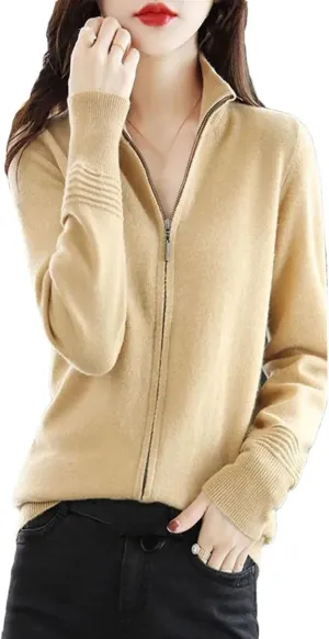 Women Knitted Cardigans Thick Slim Stand Collar Zipper Sweater Casual Knitwear Top