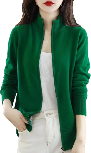 Women Knitted Cardigans Thick Slim Stand Collar Zipper Sweater Casual Knitwear Top
