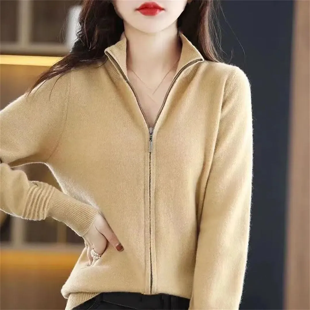 Women Knitted Cardigans Thick Slim Stand Collar Zipper Sweater Casual Knitwear Top