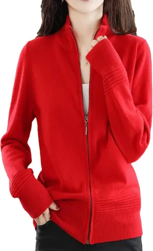 Women Knitted Cardigans Thick Slim Stand Collar Zipper Sweater Casual Knitwear Top