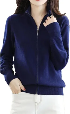 Women Knitted Cardigans Thick Slim Stand Collar Zipper Sweater Casual Knitwear Top