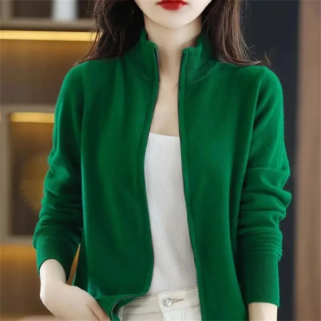 Women Knitted Cardigans Thick Slim Stand Collar Zipper Sweater Casual Knitwear Top