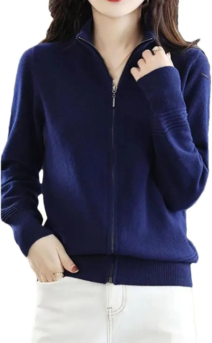 Women Knitted Cardigans Thick Slim Stand Collar Zipper Sweater Casual Knitwear Top