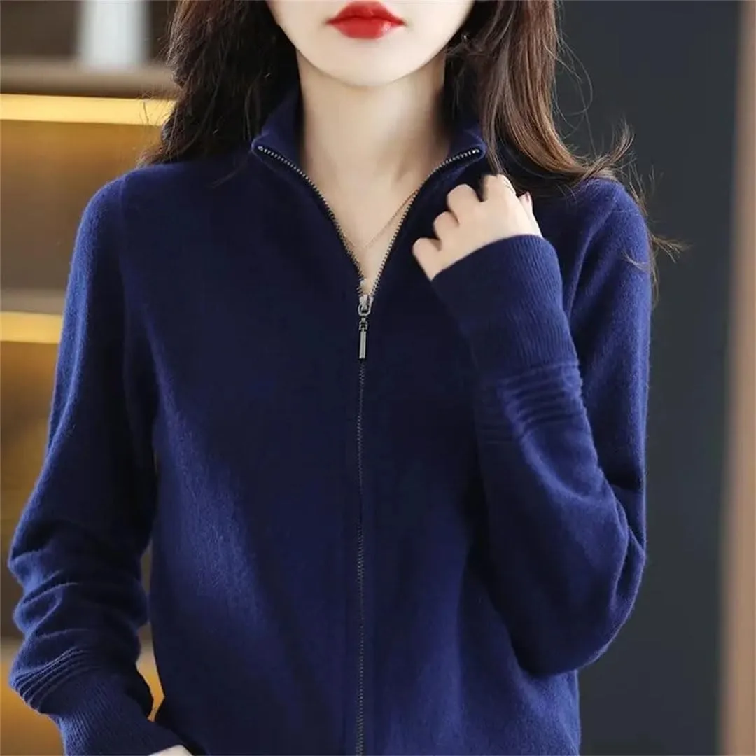 Women Knitted Cardigans Thick Slim Stand Collar Zipper Sweater Casual Knitwear Top