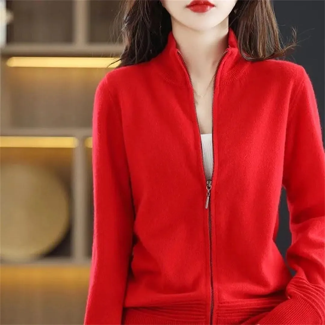 Women Knitted Cardigans Thick Slim Stand Collar Zipper Sweater Casual Knitwear Top