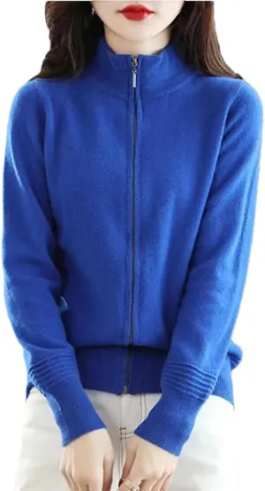 Women Knitted Cardigans Thick Slim Stand Collar Zipper Sweater Casual Knitwear Top