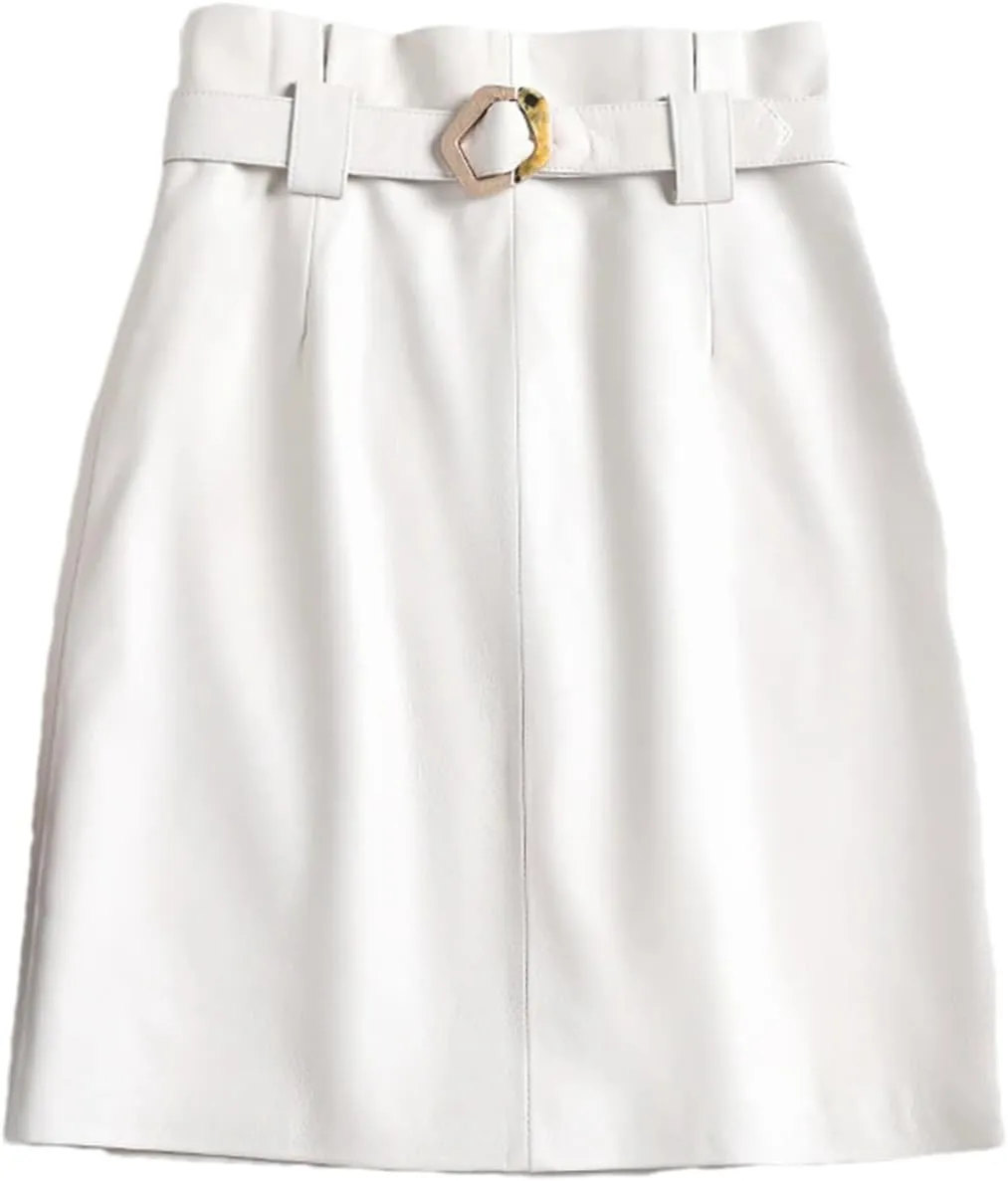 Women Leather Midi Skirt Square Buckle Belt Versatile Sheepskin High Waisted Stretch Pleated ASkirt