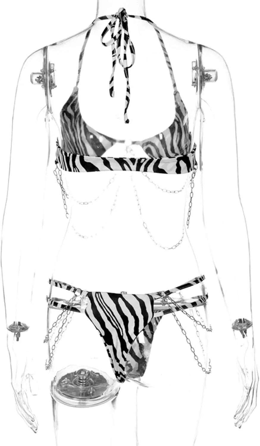 Women Leopard Metal Chain Triangle Bikini Sexy Cut Out String Swimsuit Bathing Suit