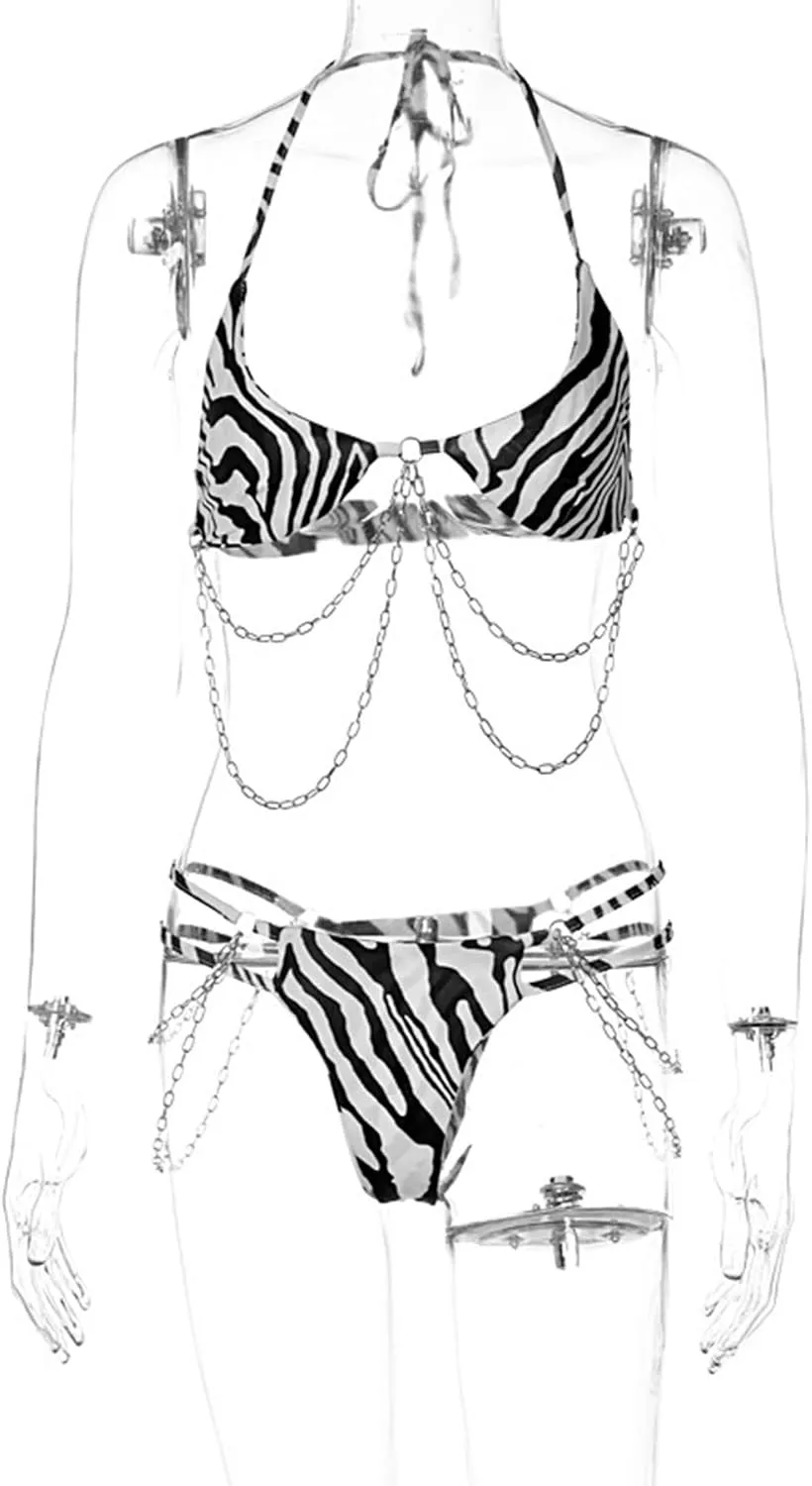 Women Leopard Metal Chain Triangle Bikini Sexy Cut Out String Swimsuit Bathing Suit