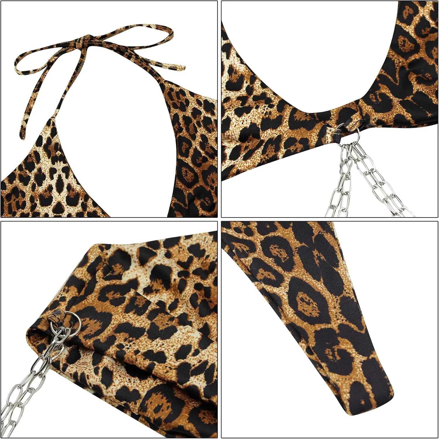 Women Leopard Metal Chain Triangle Bikini Sexy Cut Out String Swimsuit Bathing Suit