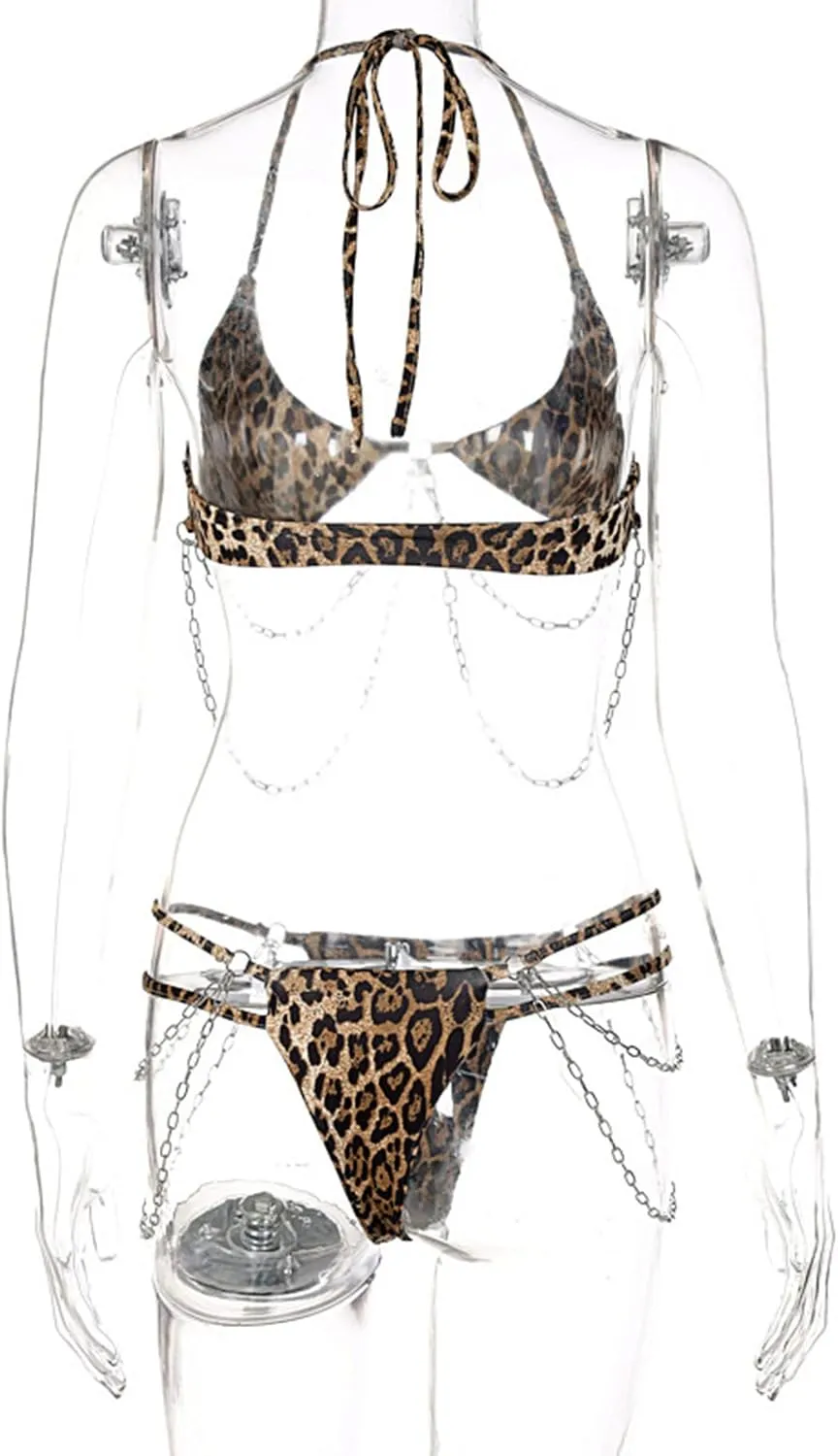 Women Leopard Metal Chain Triangle Bikini Sexy Cut Out String Swimsuit Bathing Suit