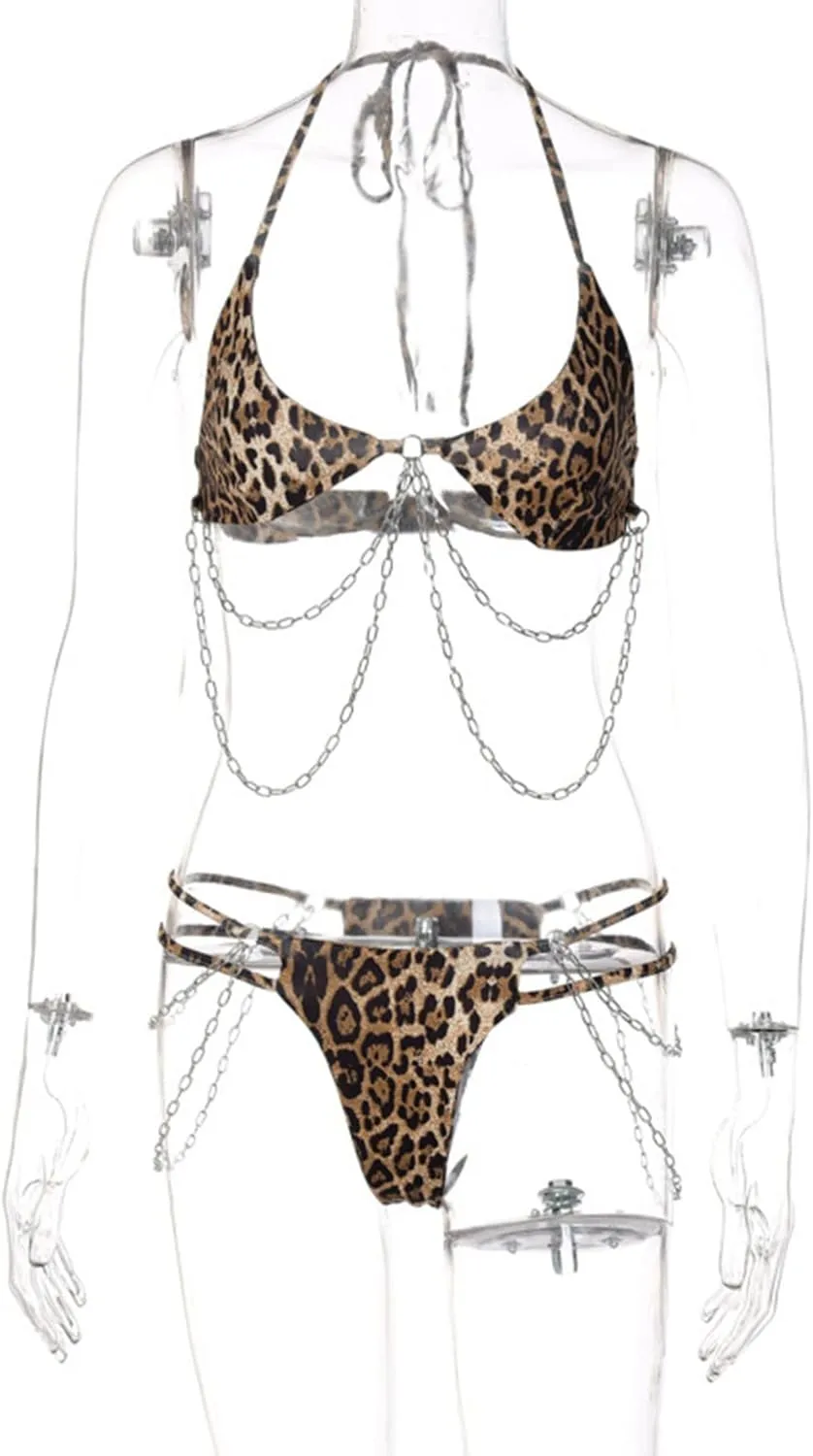 Women Leopard Metal Chain Triangle Bikini Sexy Cut Out String Swimsuit Bathing Suit