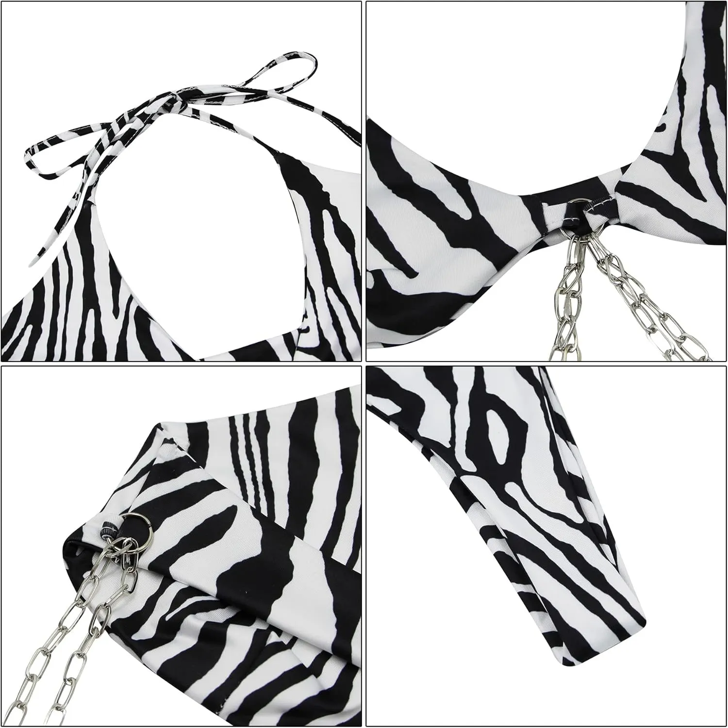 Women Leopard Metal Chain Triangle Bikini Sexy Cut Out String Swimsuit Bathing Suit