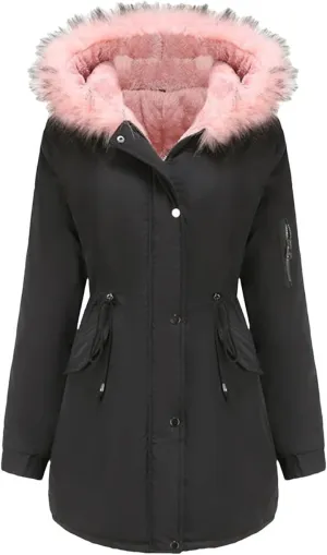 Women Long Thicken Parka Jacket With Fluffy Fur Hood Warm Padded Cotton Coat Clothes Plus Casual Outwear
