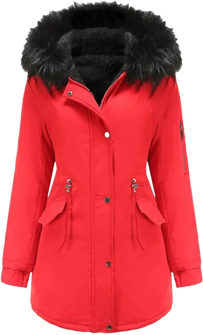 Women Long Thicken Parka Jacket With Fluffy Fur Hood Warm Padded Cotton Coat Clothes Plus Casual Outwear
