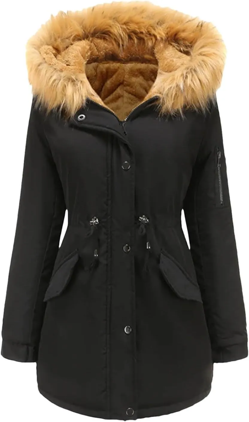 Women Long Thicken Parka Jacket With Fluffy Fur Hood Warm Padded Cotton Coat Clothes Plus Casual Outwear