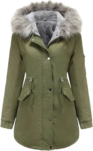 Women Long Thicken Parka Jacket With Fluffy Fur Hood Warm Padded Cotton Coat Clothes Plus Casual Outwear