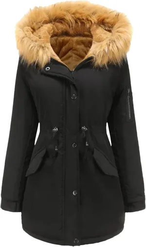 Women Long Thicken Parka Jacket With Fluffy Fur Hood Warm Padded Cotton Coat Clothes Plus Casual Outwear