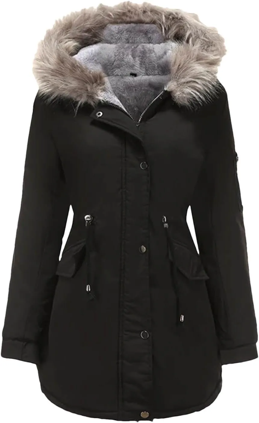 Women Long Thicken Parka Jacket With Fluffy Fur Hood Warm Padded Cotton Coat Clothes Plus Casual Outwear