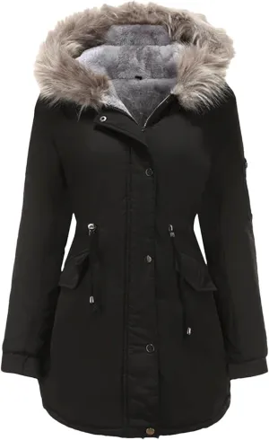 Women Long Thicken Parka Jacket With Fluffy Fur Hood Warm Padded Cotton Coat Clothes Plus Casual Outwear