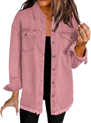 Women Oversized Denim Jacket Lapel Collar Button Up Frayed Hem Shacket Long Sleeve Distresse Jean Outfits
