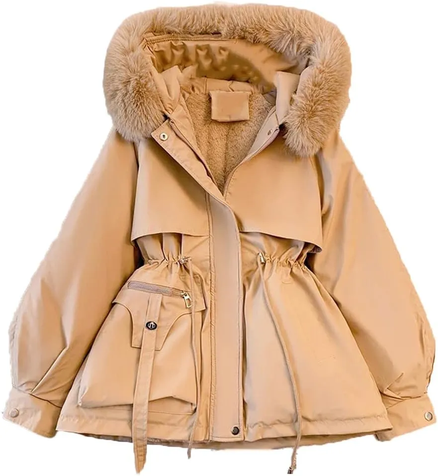 Women Pocket Causal Coat Zipper Hooded Parkas Warm Long Sleeve Waist Cotton Coat Cotton-Padded Jacket