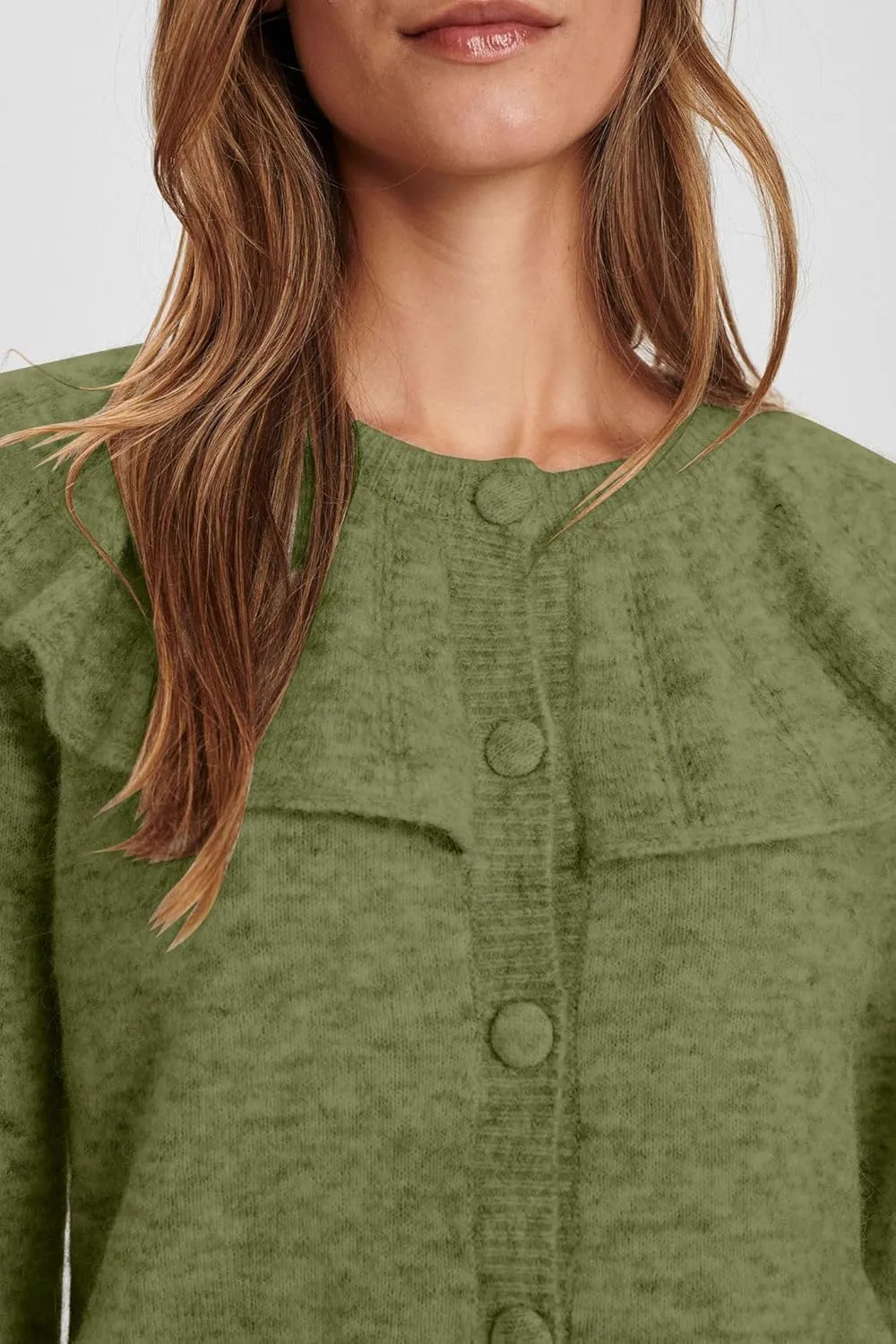Women Ruffle Collar Cardigan Open Front Long Sleeve Button Down Knit Sweater Coats Solid Casual Fall Tops with Pockets