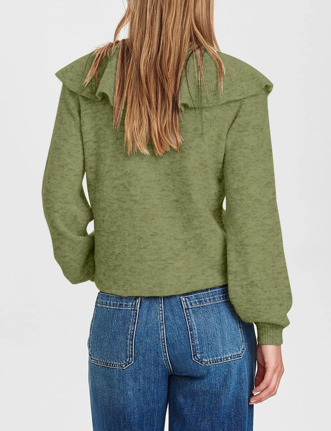 Women Ruffle Collar Cardigan Open Front Long Sleeve Button Down Knit Sweater Coats Solid Casual Fall Tops with Pockets