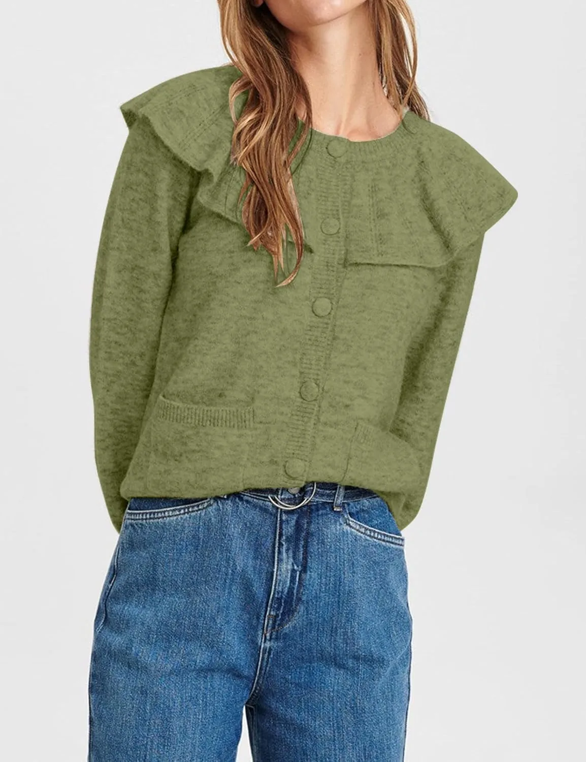 Women Ruffle Collar Cardigan Open Front Long Sleeve Button Down Knit Sweater Coats Solid Casual Fall Tops with Pockets
