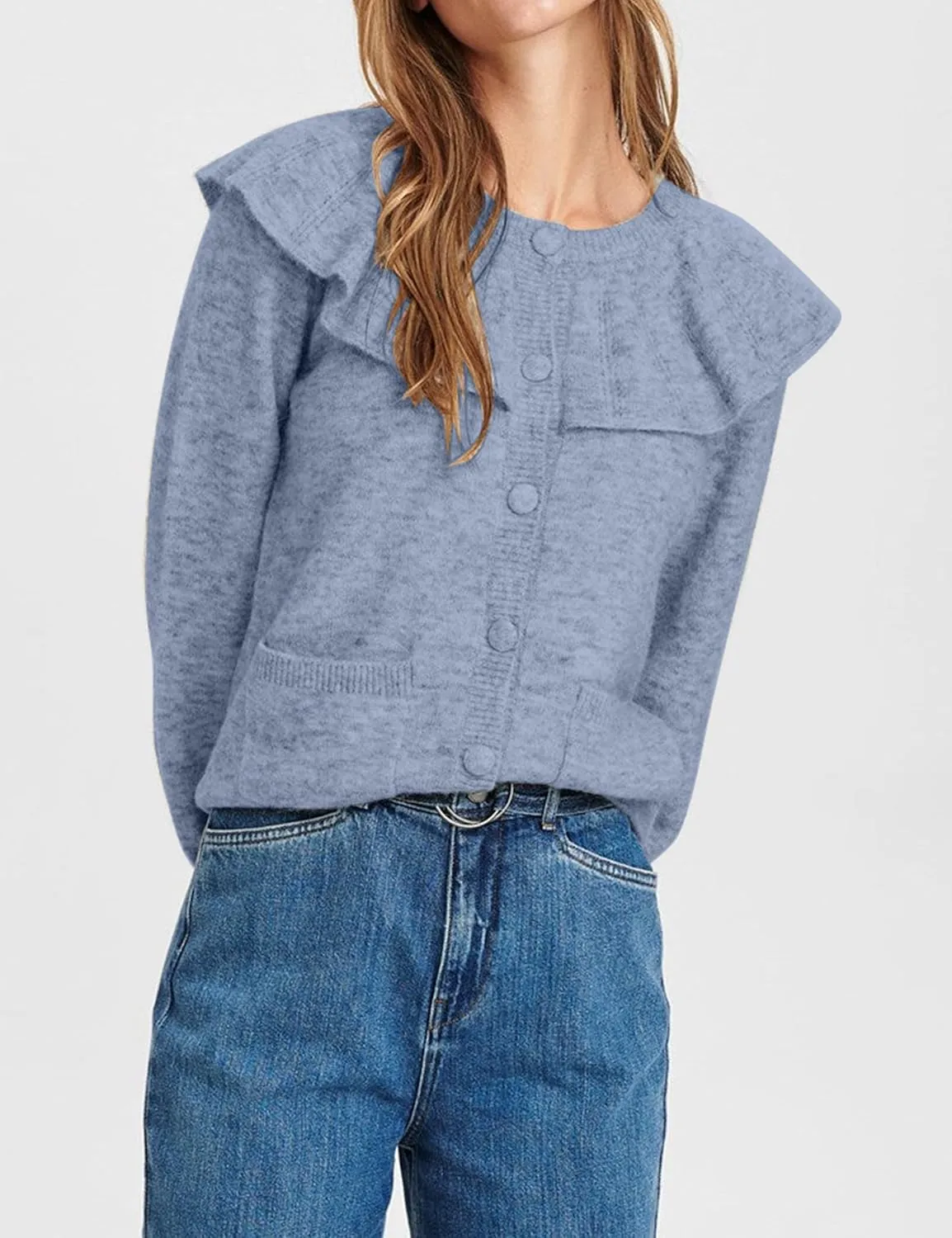 Women Ruffle Collar Cardigan Open Front Long Sleeve Button Down Knit Sweater Coats Solid Casual Fall Tops with Pockets