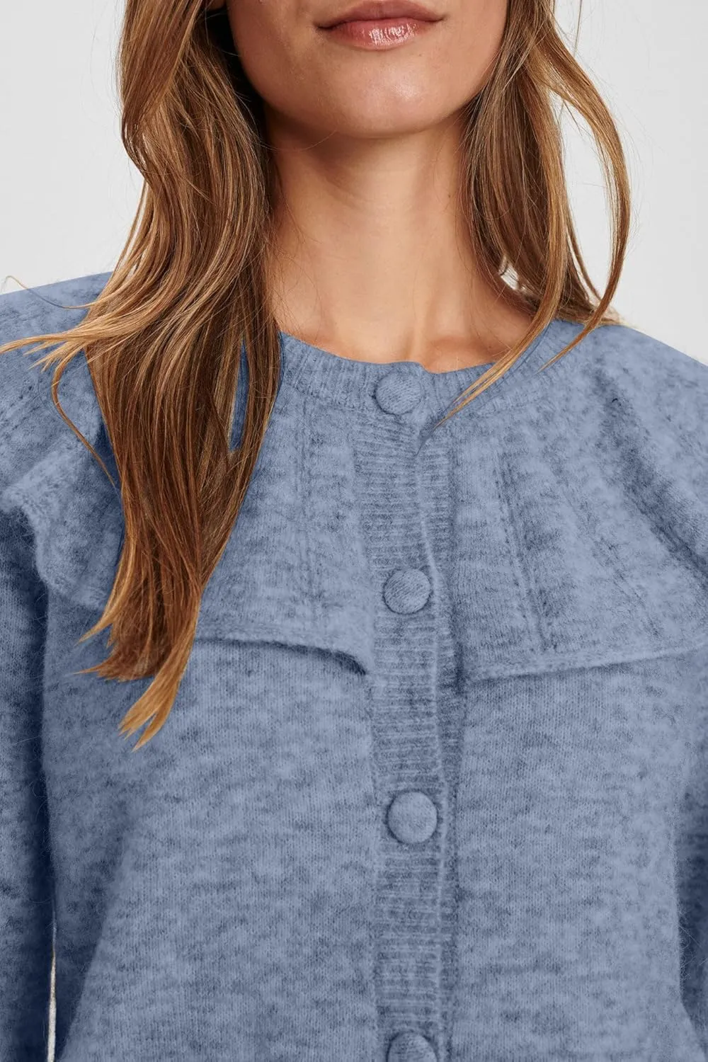Women Ruffle Collar Cardigan Open Front Long Sleeve Button Down Knit Sweater Coats Solid Casual Fall Tops with Pockets