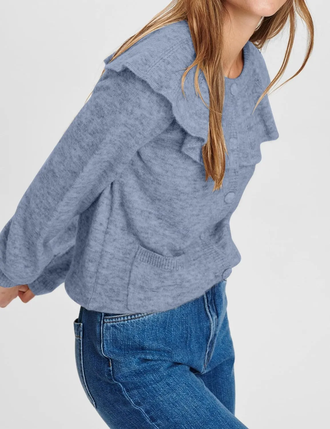 Women Ruffle Collar Cardigan Open Front Long Sleeve Button Down Knit Sweater Coats Solid Casual Fall Tops with Pockets